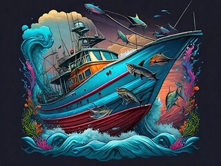 T-shirt Design that embodies the excitement of Fishing boat on the open ocean Generated by Ai