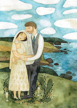 A couple standing on a cliff with beautiful view and wedding clothes