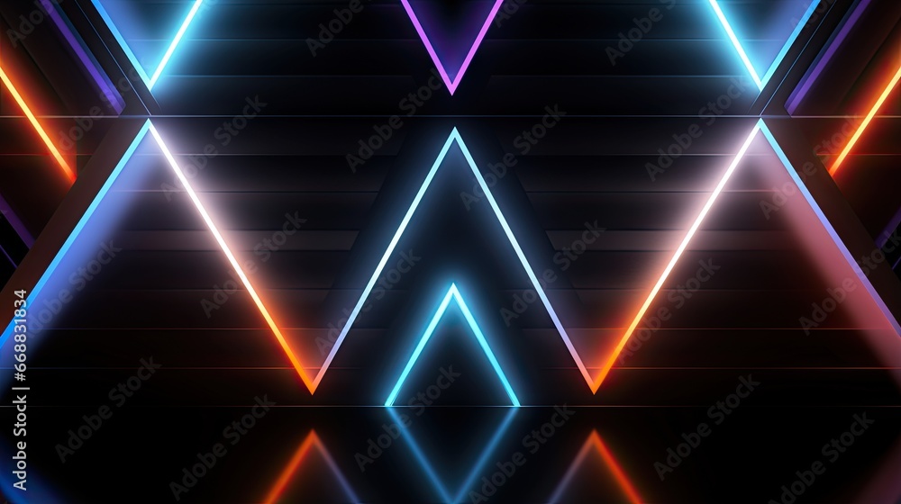 Poster an abstract background with neon lights and a triangle shape in the middle. generative ai