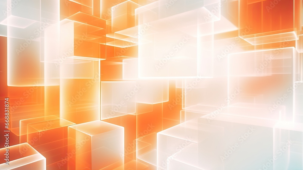 Poster an abstract image of orange and white cubes in motion. generative ai