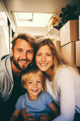 Portrait of young family smiling moving to new house.