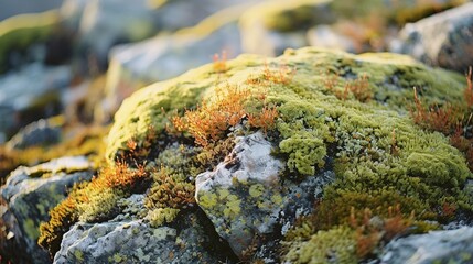 Close up of colorful lichens growing on a rock in the tundra. Various shades of green, yellow, orange, and red, and they contrast beautifully with the gray rock. - obrazy, fototapety, plakaty