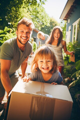 Young family moving into a house with garden.