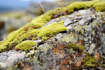 Close up of colorful lichens growing on a rock in the tundra. Various shades of green, yellow,...