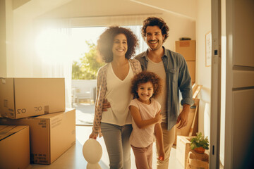 Portrait of young family smiling moving to new home.