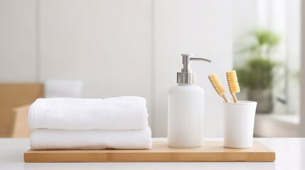 Bathroom interior with soap dispenser, towel and toothbrushes