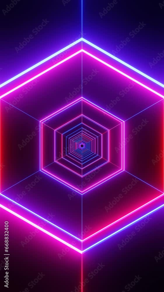 Poster hexagonal neon light tunnel motion graphics, looping animation of vertical screen design looping ani