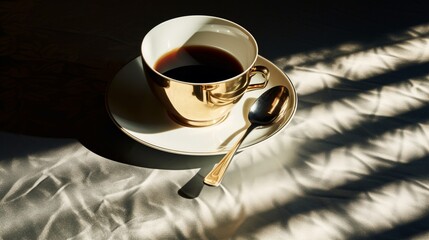 Overhead view of a tea cup and saucer, with a spoon resting elegantly and shadows cast harmoniously.