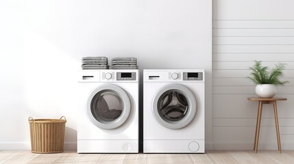 Laundry room with washing machine and basket - 3d rendering