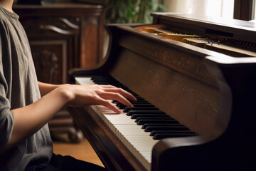 Fototapeta na wymiar Close-up of person teaching piano lesson at home.