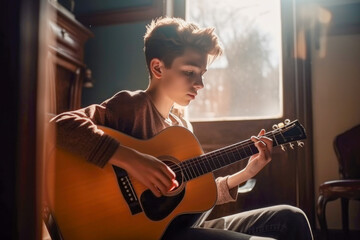 Child learning to play the guitar at home