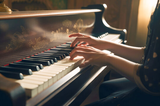 Close-up of person teaching piano lesson at home.