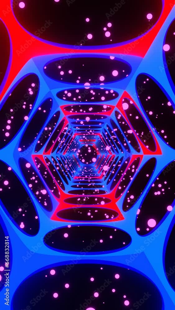 Poster hexagonal neon light tunnel motion graphics, looping animation of vertical screen design looping ani