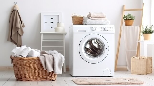 Laundry room interior with washing machine and basket with clean towels