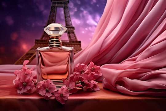 Bottle of perfume, pink silk and flowers against the backdrop of evening Paris