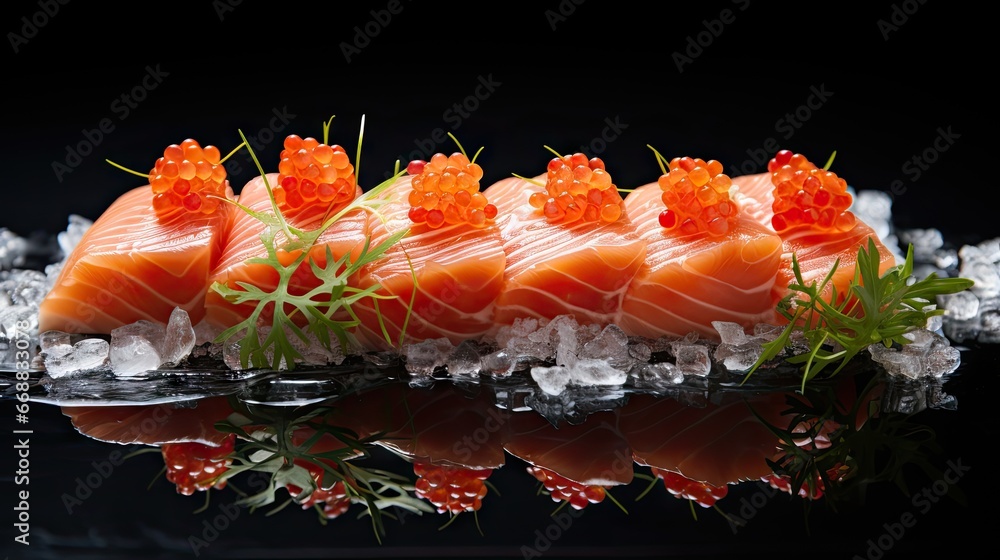 Poster a close up of a bunch of sushi on a table. generative ai