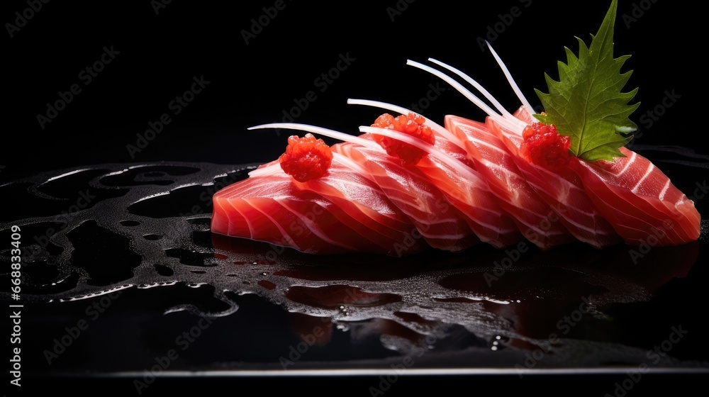 Poster a close up of a piece of sushi on a black surface with a green leaf on top of the sushi and the othe