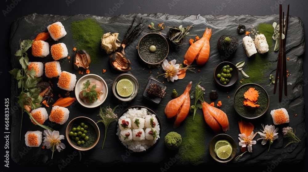 Poster a table topped with sushi and vegetables on top of a table. generative ai