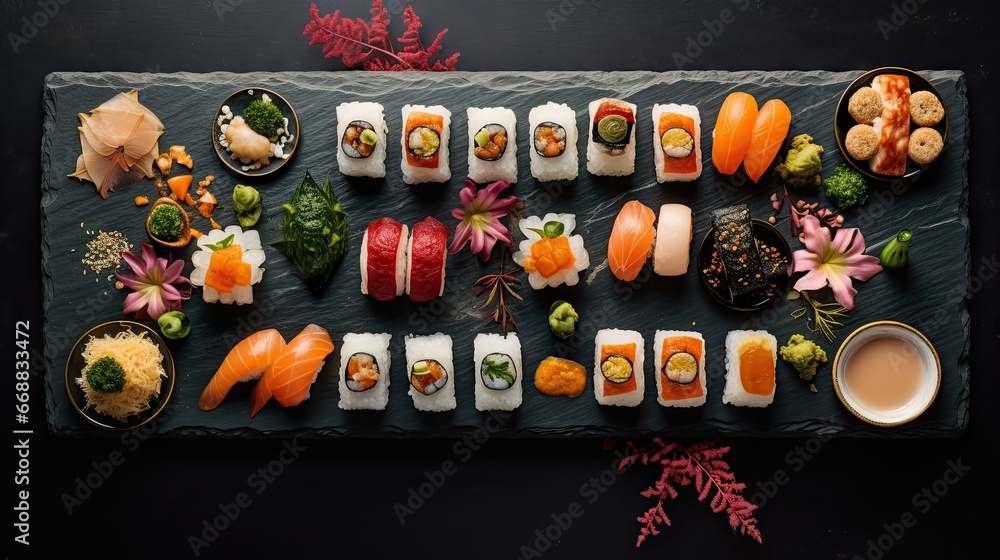 Poster a sushi platter with various types of sushi. generative ai