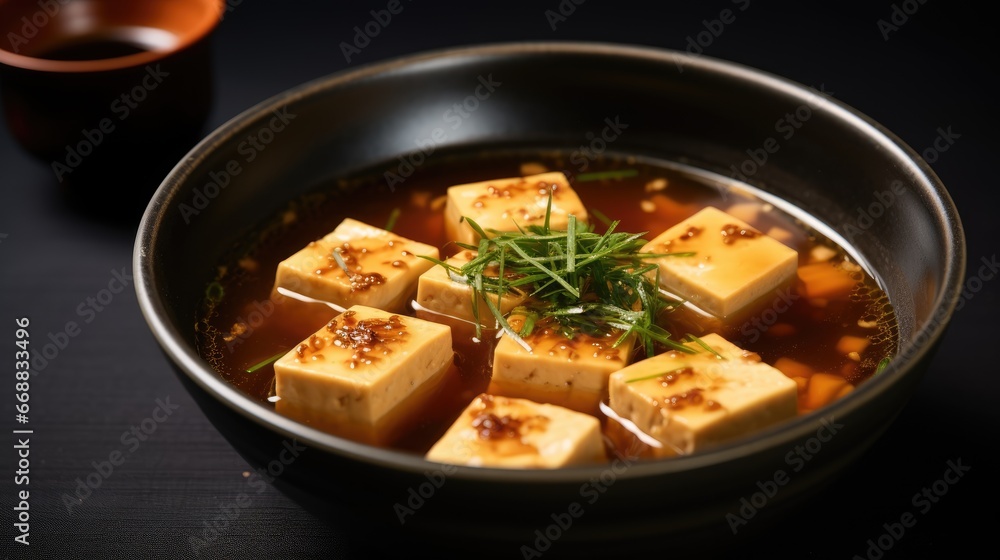 Poster a bowl of soup with tofu cubes and garnish. generative ai