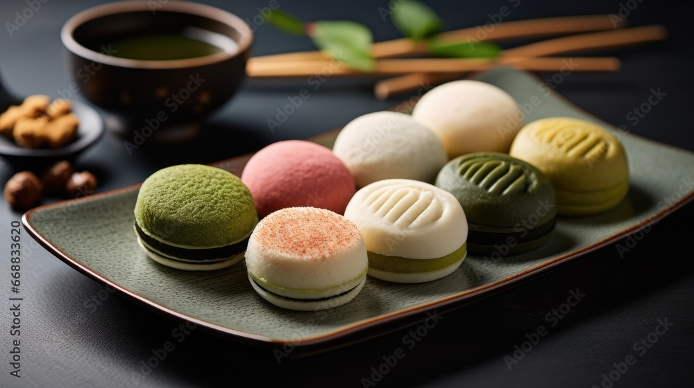 Poster a plate of assorted desserts on a table with chopsticks. generative ai