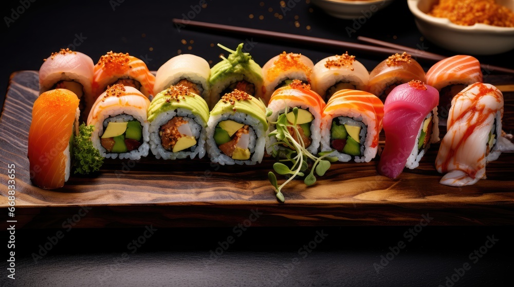 Poster a sushi platter with several different types of sushi. generative ai