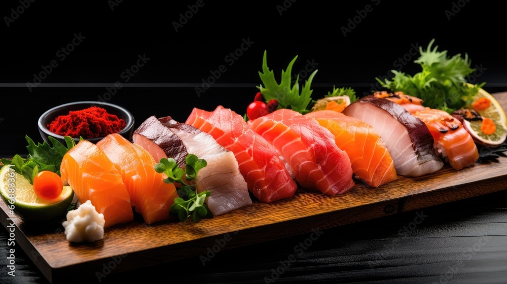 Poster a sushi platter with various types of sushi. generative ai