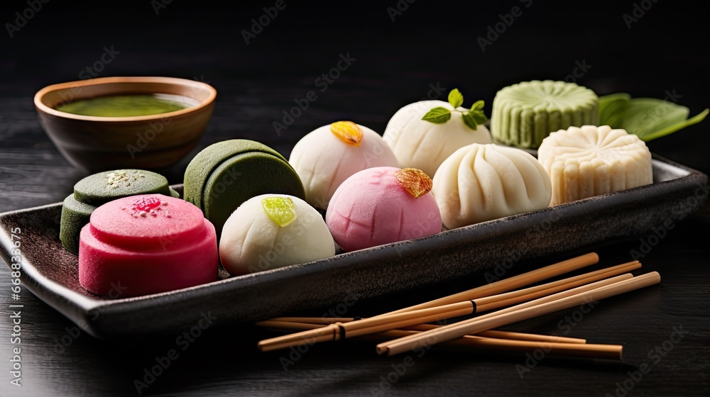 Poster a tray of assorted desserts and chopsticks on a table. generative ai