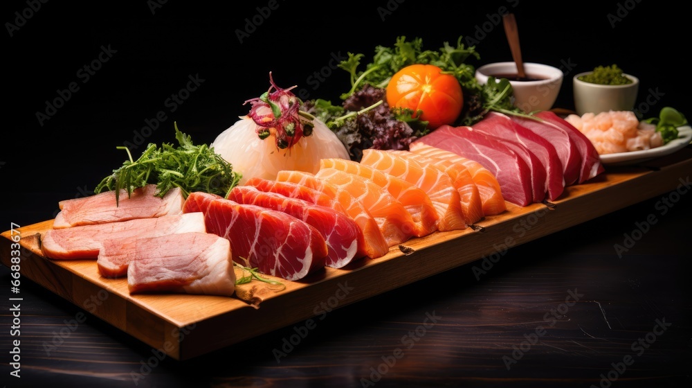Poster a platter of assorted meats and vegetables on a table. generative ai