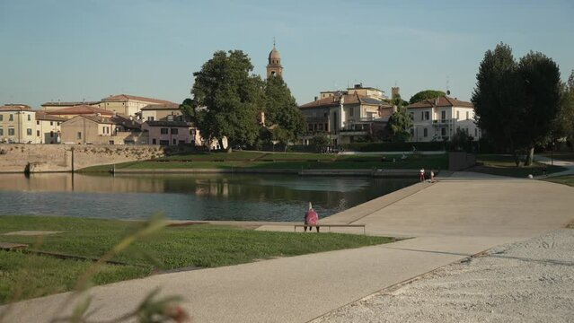 View of Ponte di Tiberio from Parco XXV Aprile, Rimini, Emilia Romagna, Italy