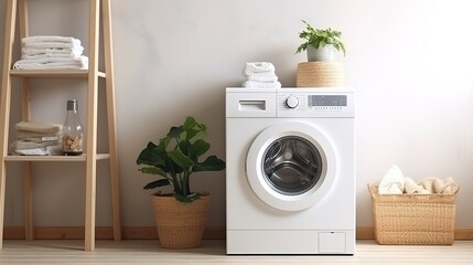 Laundry room interior with washing machine and basket with towels. - obrazy, fototapety, plakaty