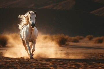 Obraz na płótnie Canvas a white horse running in the desert