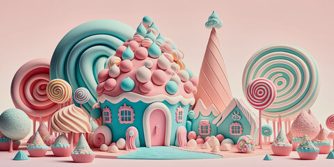 fantasy illustration of a small cute candy village
