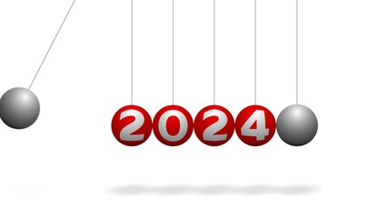 Red Newton's cradle balls with the number 2024 moving against white background