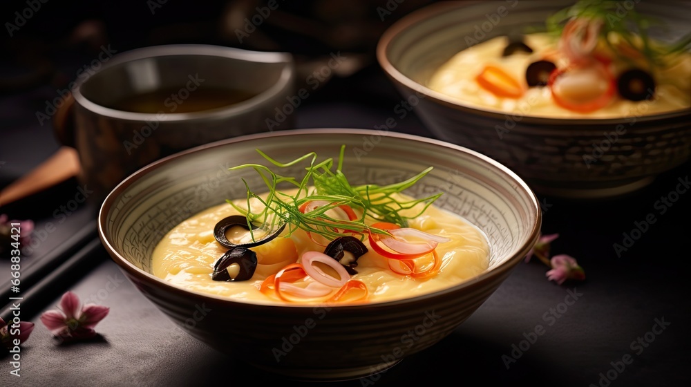 Poster a bowl of soup with a garnish on top of it. generative ai