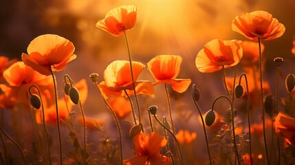 The golden glow of evening sun backlighting a cluster of wild poppies, turning them into nature's lanterns.