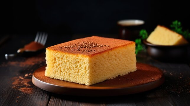  a piece of cornbread on a wooden plate with a fork beside it The background is dark, and there are other food items on the table