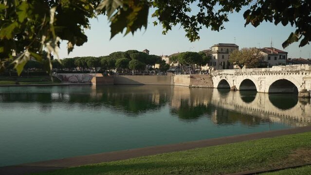View of Ponte di Tiberio from Parco XXV Aprile, Rimini, Emilia Romagna, Italy