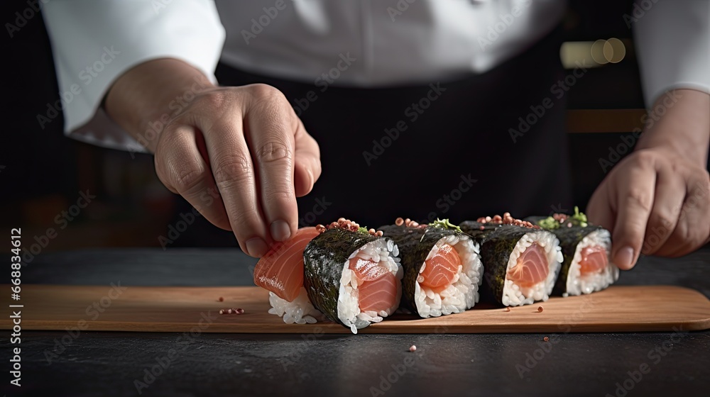 Poster a person cutting up sushi on a cutting board with chopsticks in each of the sushi pieces on the side