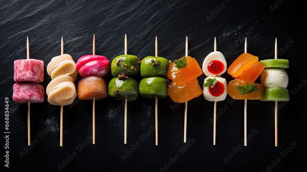Poster a row of skewers of food sitting on top of each other on top of a black surface with chopsticks in t