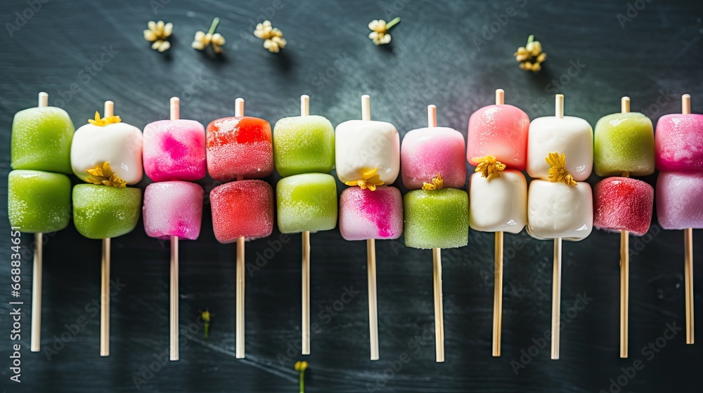 Aufkleber a row of marshmallows sitting on top of each other on top of wooden skewers next to other marshmallo
