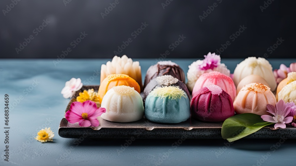 Aufkleber a tray that has a bunch of different types of candies on it with flowers on the side of the tray and