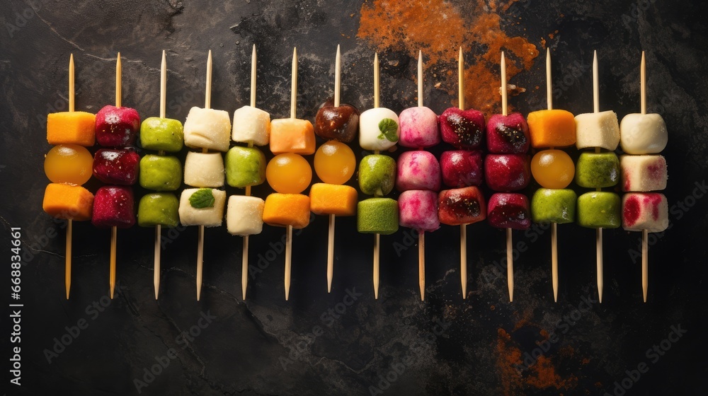 Poster a group of fruit skewers sitting on top of each other on top of a black surface with oranges and app