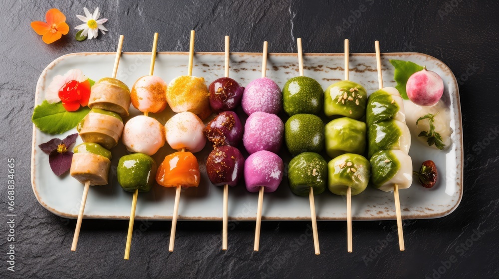 Poster a platter of assorted fruits and vegetables on skewers with a flower on the side of the platter and 