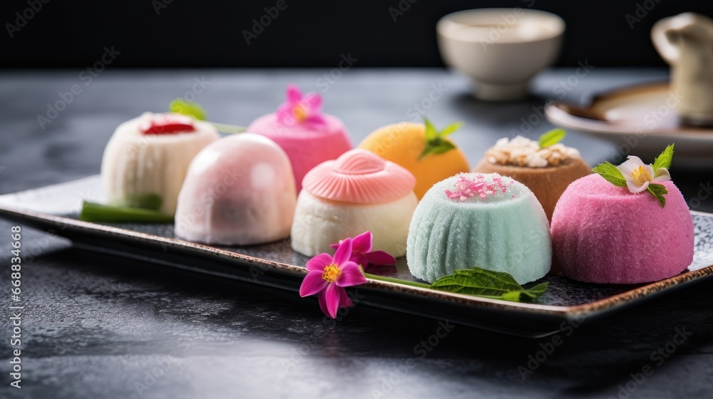 Poster a close up of a plate of food with different types of desserts on a table next to a cup of coffee an