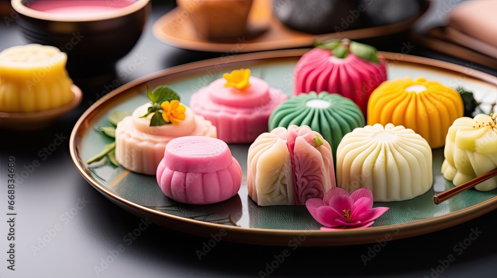 Poster a close up of a plate of food with different types of soaps on a table with chopsticks and a cup of 