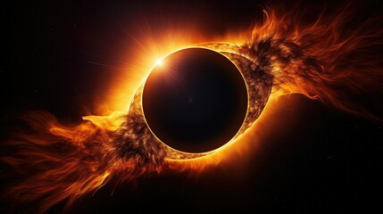 Vibrant solar eclipse from space, showcasing the moon blocking the sun, with intricate details of the corona and radiant streams of orange and yellow light - obrazy, fototapety, plakaty