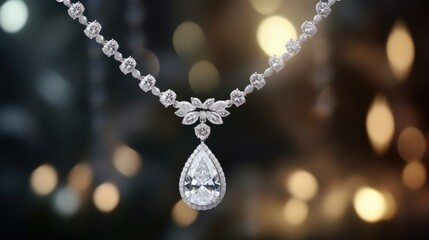 A close-up of a hyper-realistic diamond necklace on a plush velvet cushion. Intricately designed with shimmering diamonds reflecting light. Exquisite craftsmanship and brilliance