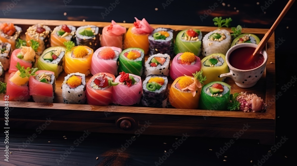 Poster a close up of a tray of sushi with chopsticks and a cup of sauce on the side of the tray and on the 