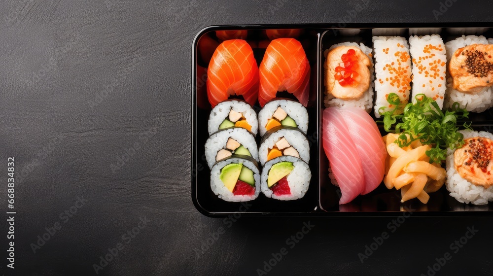 Poster a close up of a tray of food with sushi and avocado on a black surface with a black table and a blac